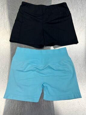 B Women's Bike Shorts - Black and Light Blue Scrunch-back Medium